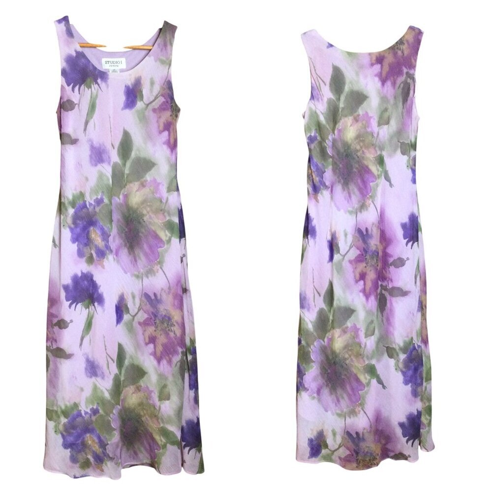 Vintage Studio 1 Petite Purple Floral Sleeveless Midi Dress 6P Fairy Easter